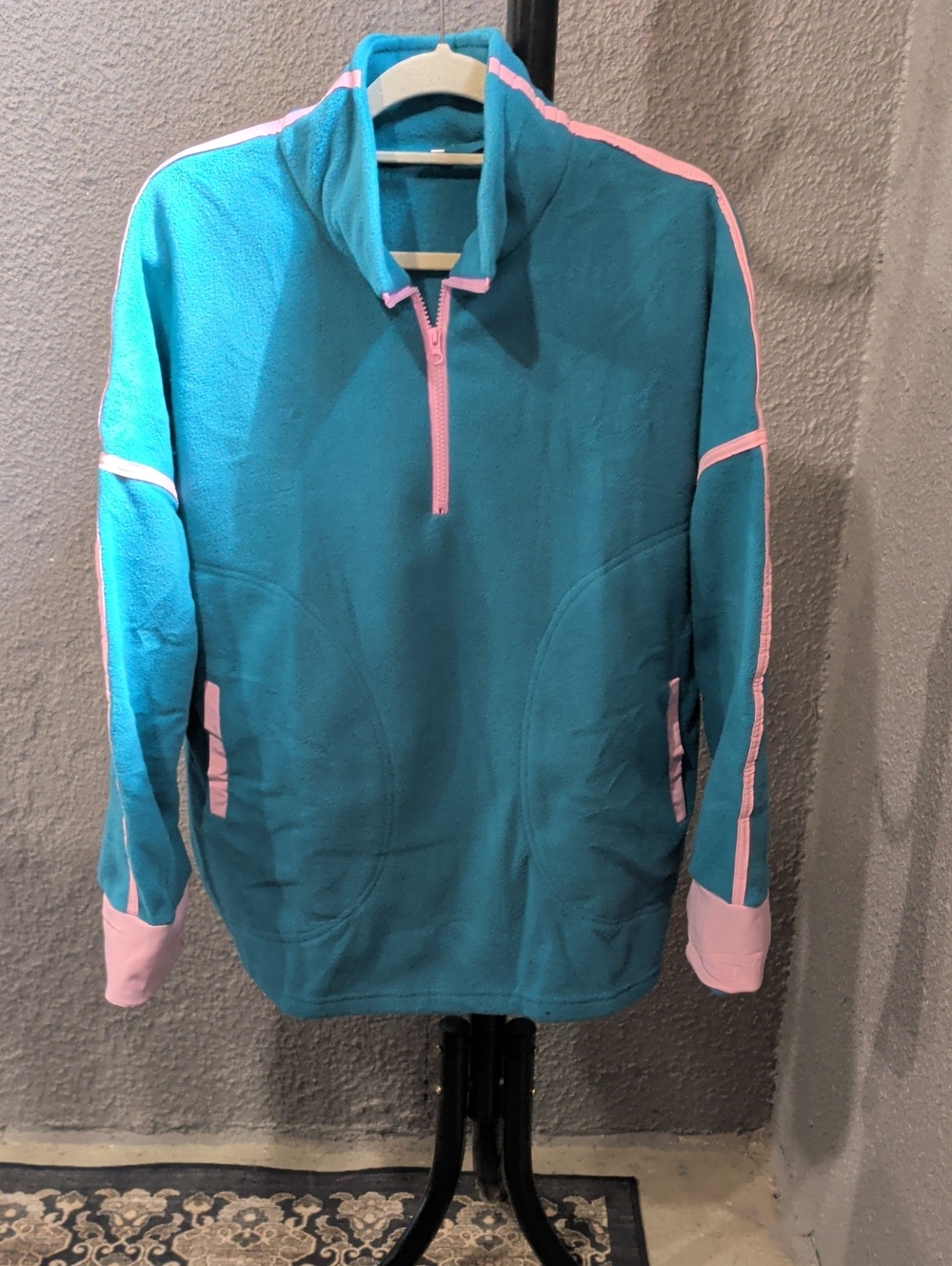 Women's Teal Half-Zip Pullover Sweater with Pink Trim